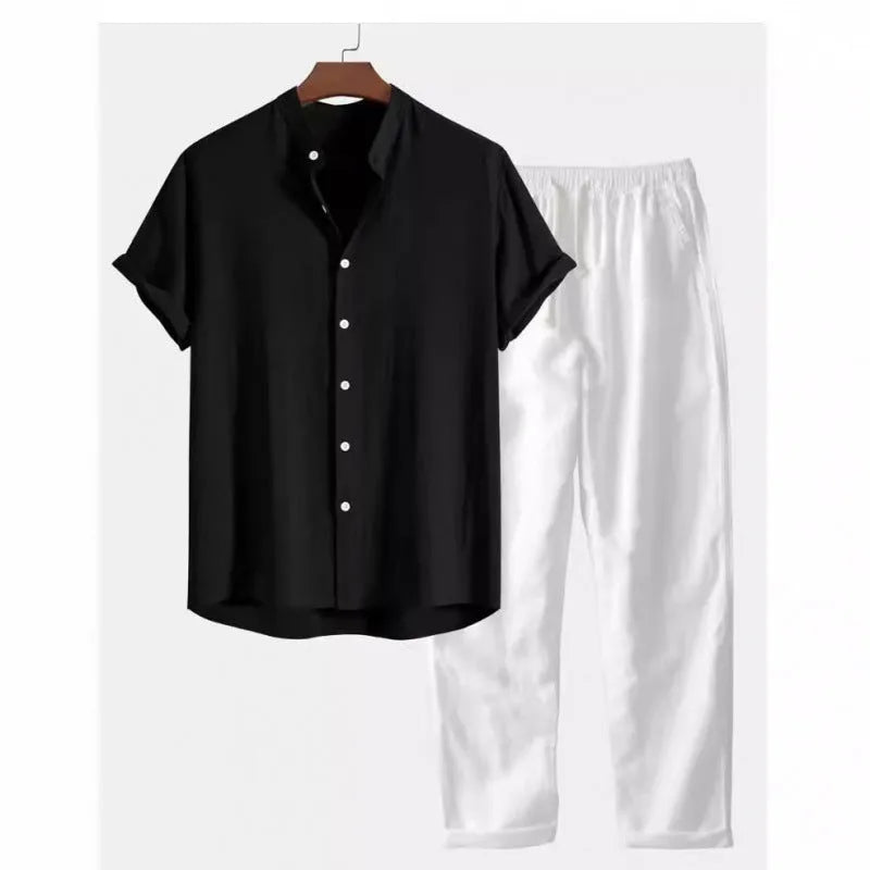Men's casual linen-look polyester shirt and pants set in various colours, showing loose fit and coordinated styling