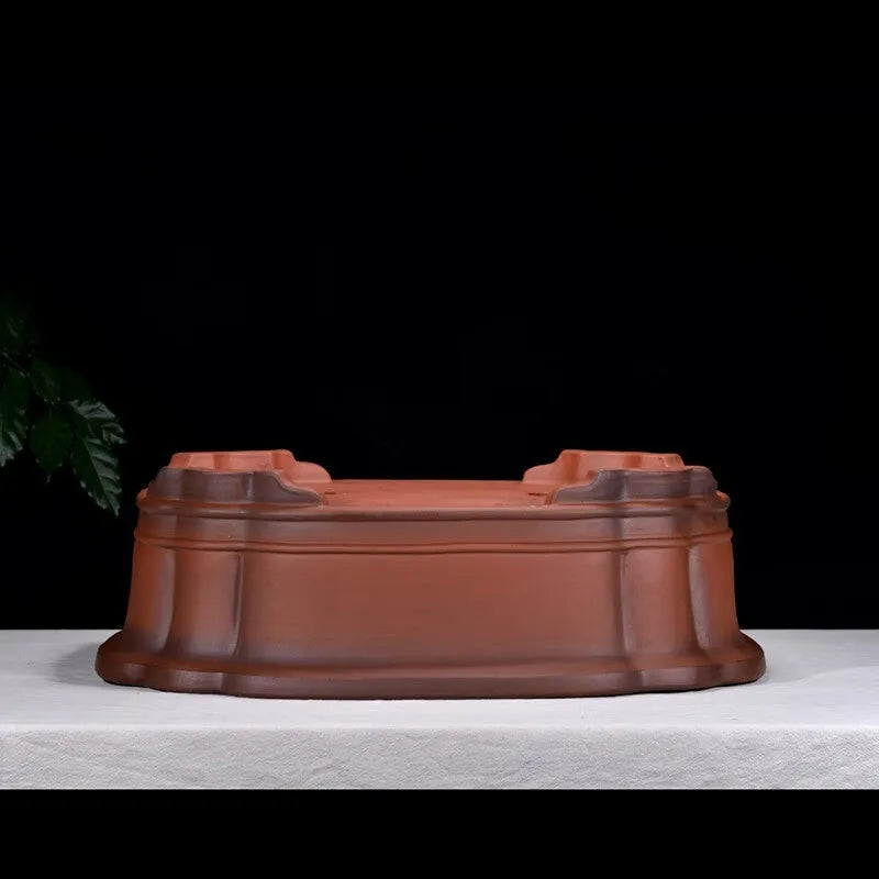 Large oval antique-finish purple clay flowerpot in Chinese style for bonsai trees.