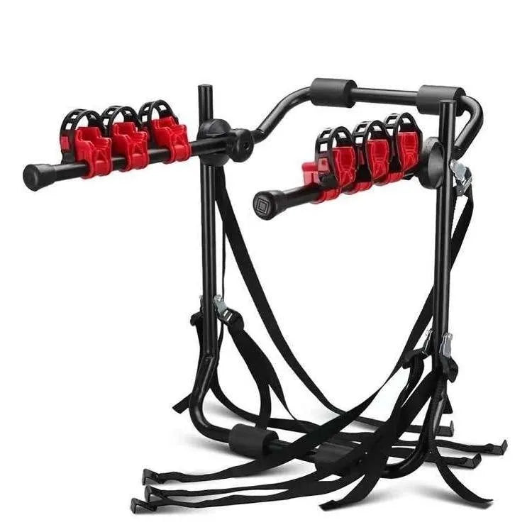 Black and red boot-mounted car bike rack with iron frame measuring 73x50cm