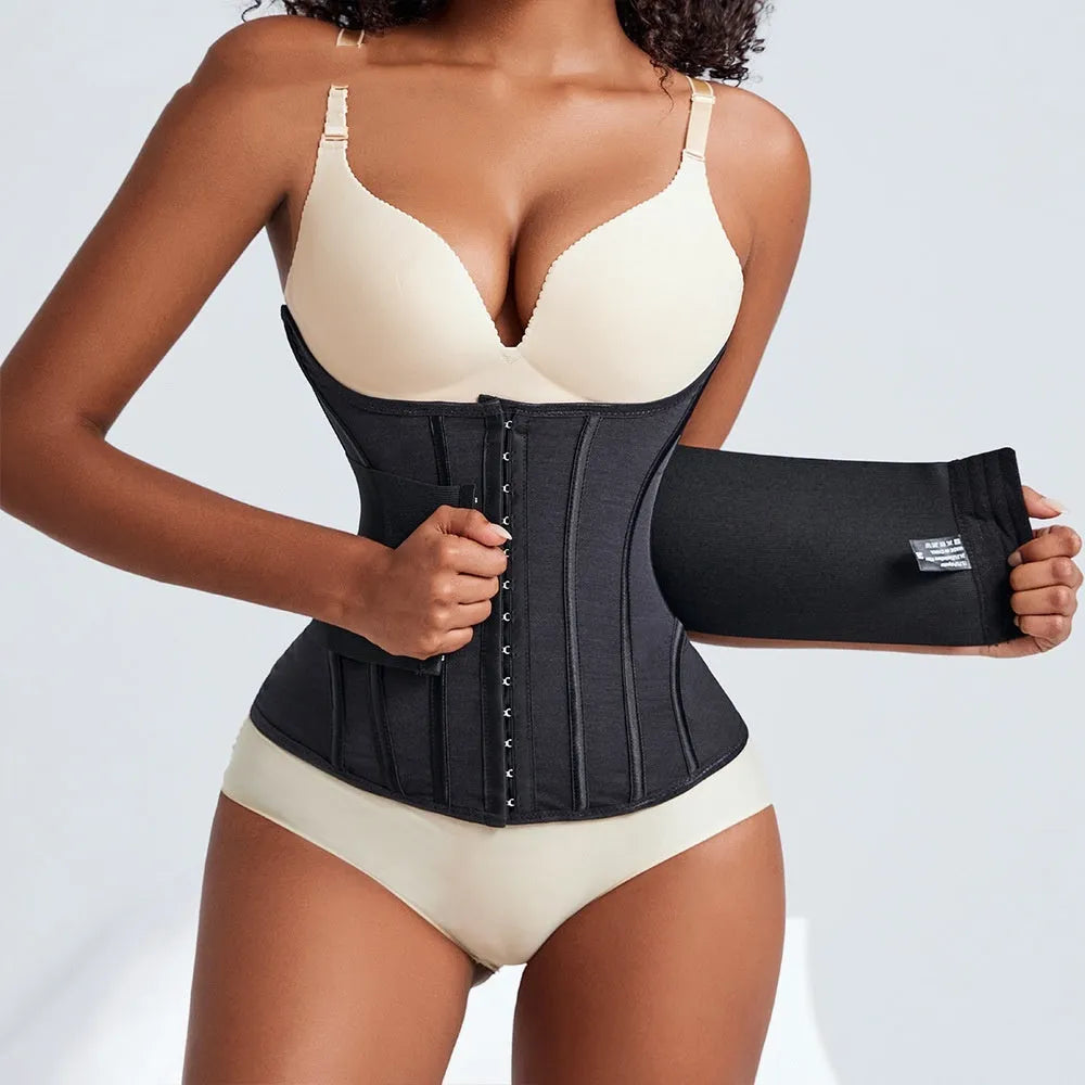 Nylon waist training belly band in black or apricot colour with adjustable tie.