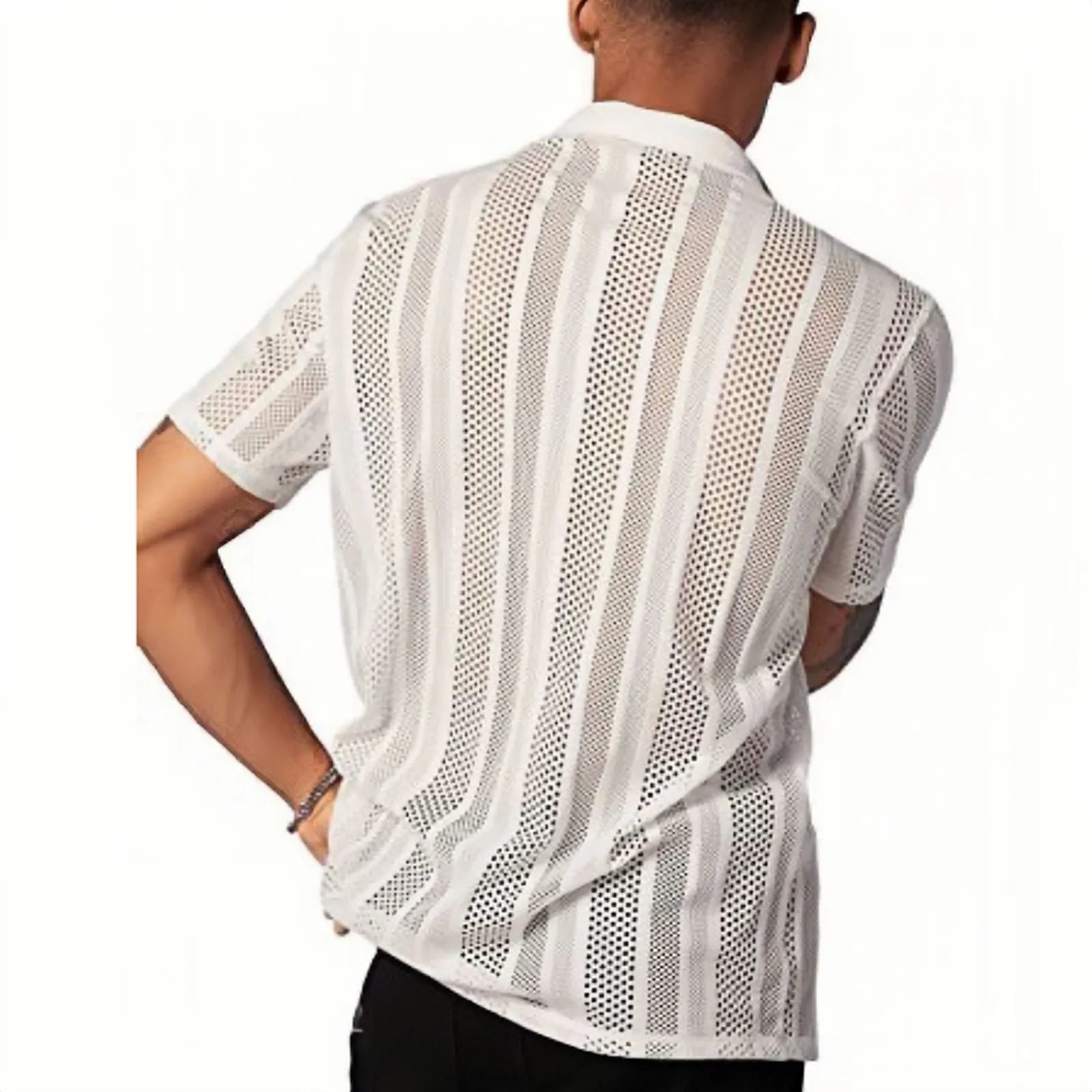 Men's black knitted short-sleeved button cardigan shirt with jacquard texture on a hanger.