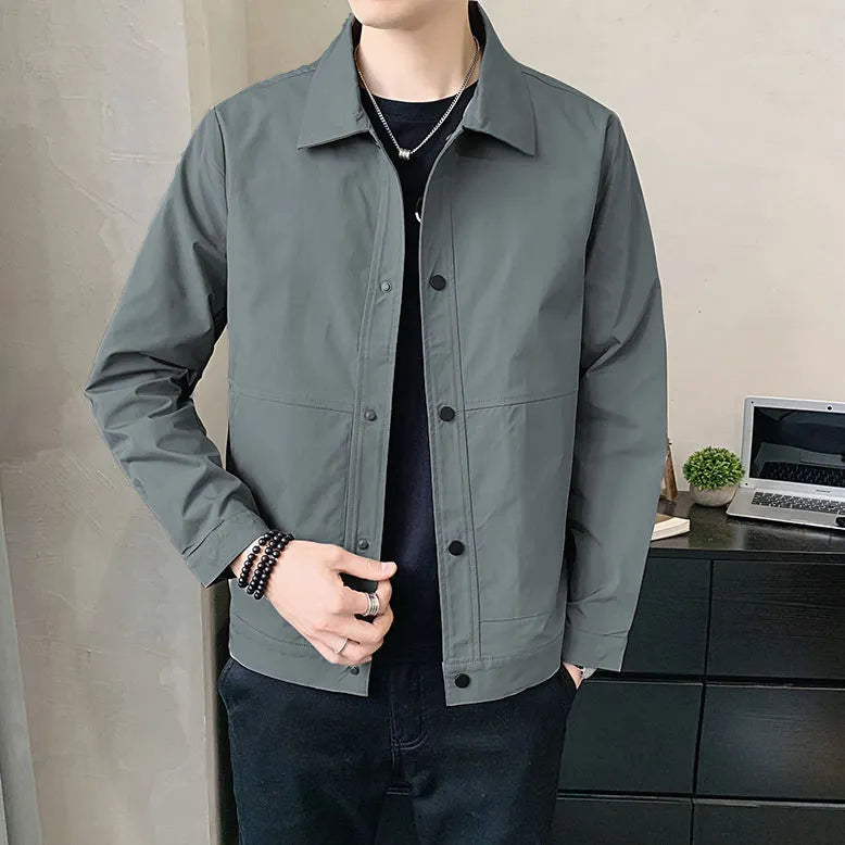 Men's slim-fit single-layer jacket in light grey polyester with Korean style design