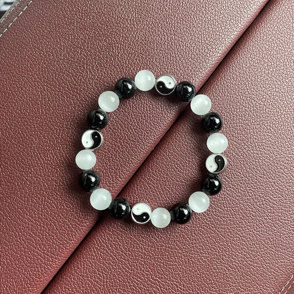 Natural black agate and opal Tai Chi bracelet with 10mm polished beads in Chinese style
