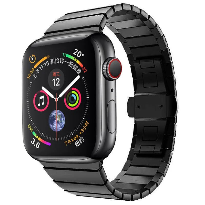 Silver stainless steel metal chain watch strap with butterfly buckle for Apple Watch.