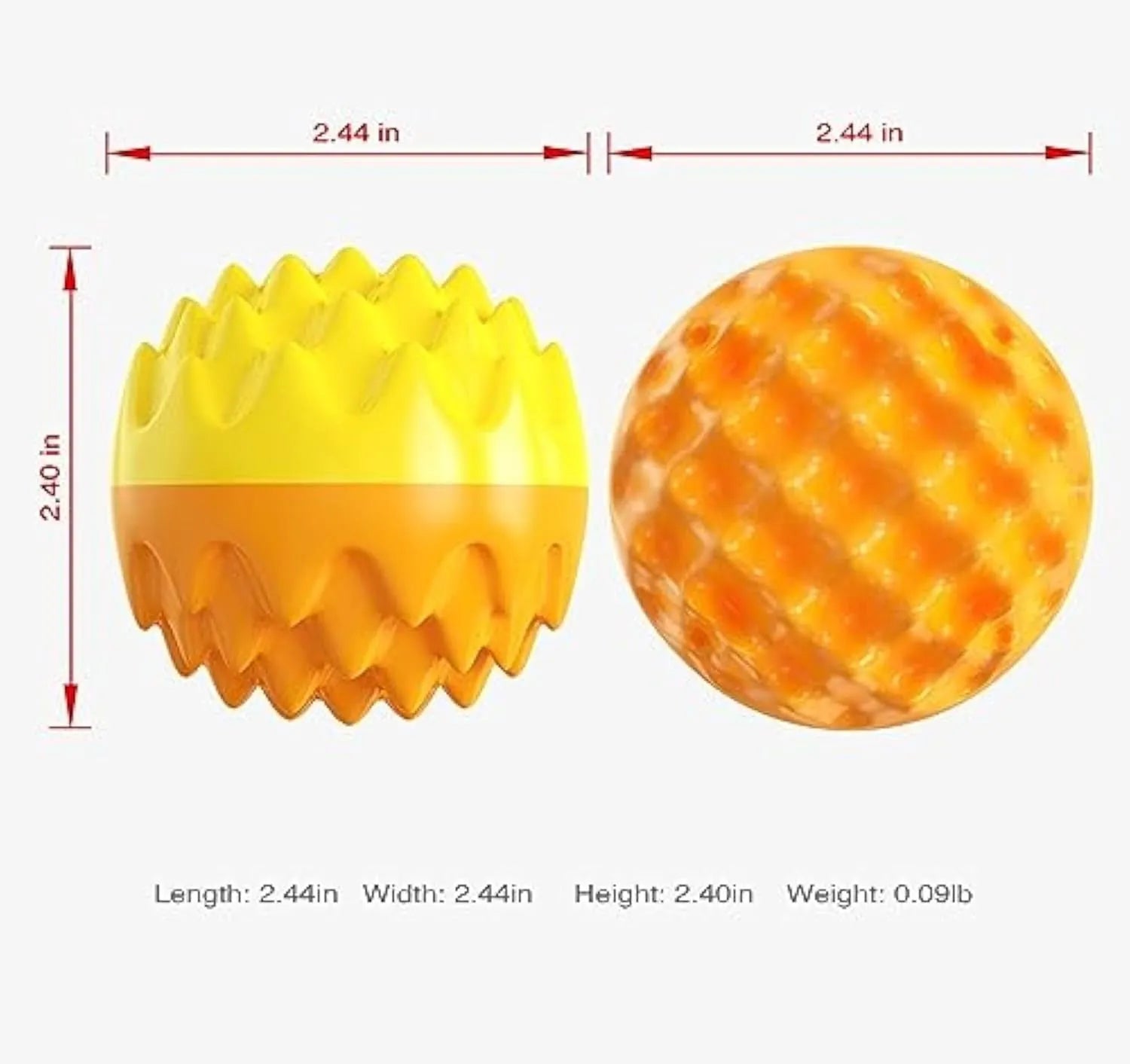 Blue and orange durable rubber squeaky dog ball toy with spiky texture for teeth cleaning.