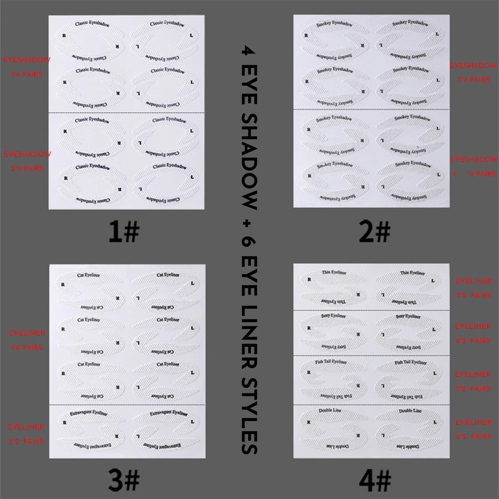 Four reusable eyeliner makeup stencil templates for winged eyeliner and eyeshadow application