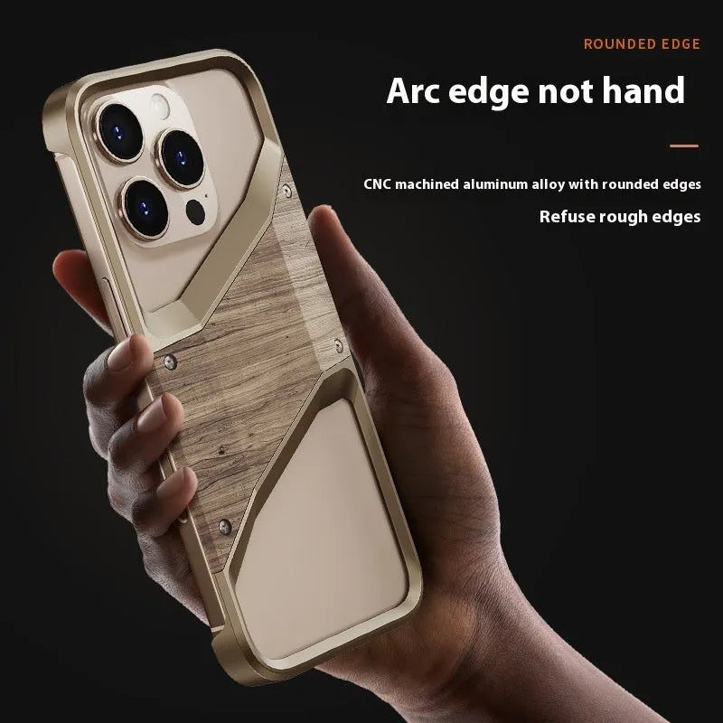 Hollow solid wood and aluminium phone case half pack design dark gray compatible with iPhone 15 and 16 series
