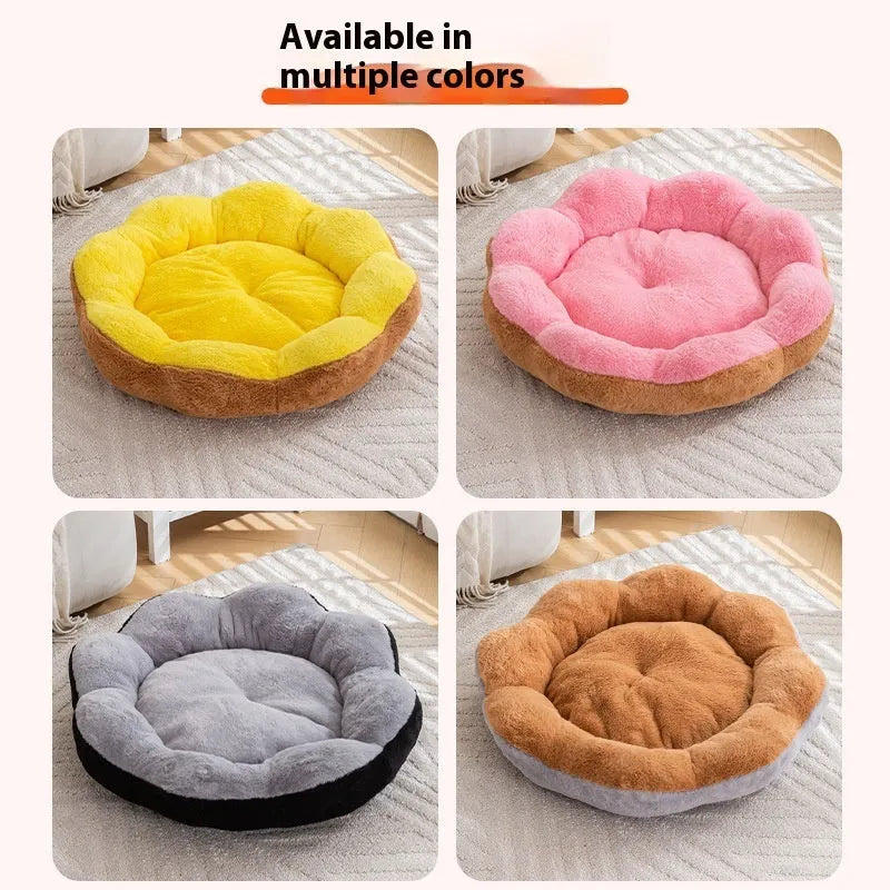 Thick warm rabbit plush round cat bed with removable cover in flower nest pattern colours