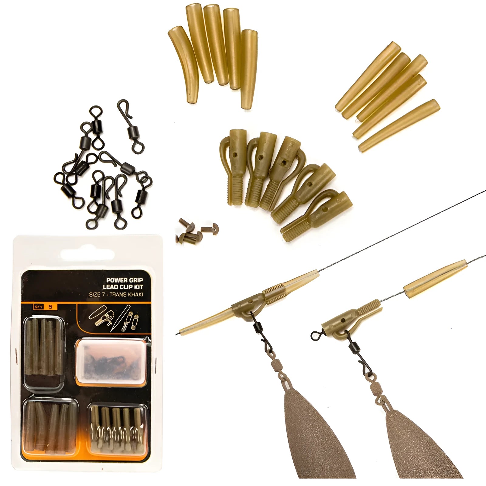 Thirty loose carp fishing accessory parts including anti-winding pipes, threaded hoses, rotation parts, and screws.