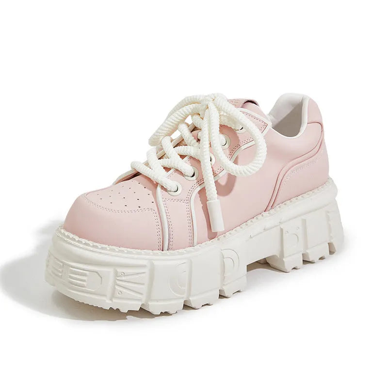 Spring muffin bottom leather casual shoes in beige or pink with height increasing design and rubber foam soles