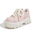 Spring muffin bottom leather casual shoes in beige or pink with height increasing design and rubber foam soles