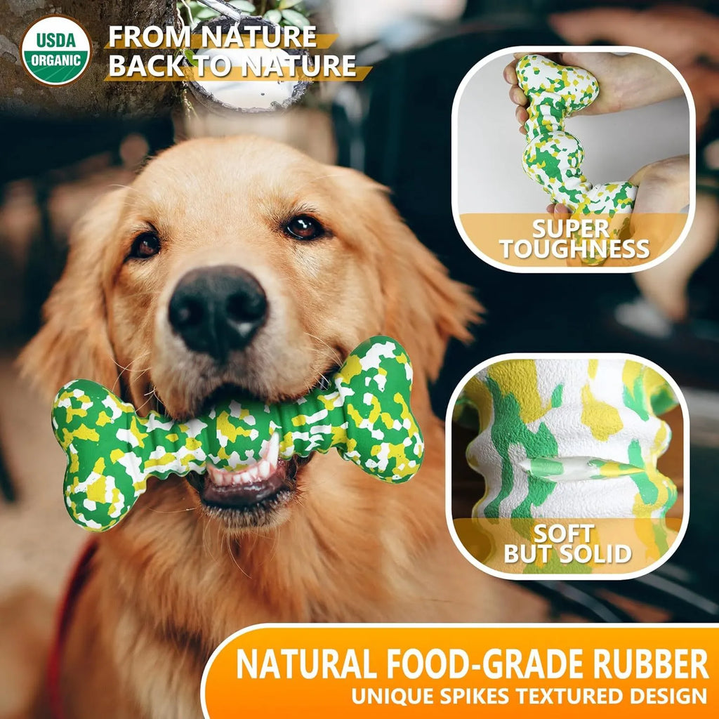 Natural rubber dog chew toy with camouflage pattern for large breed aggressive chewers