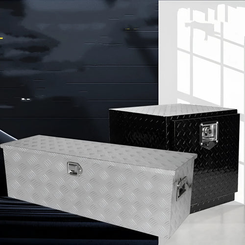 26-inch black aluminium alloy toolbox with removable organiser tray open
