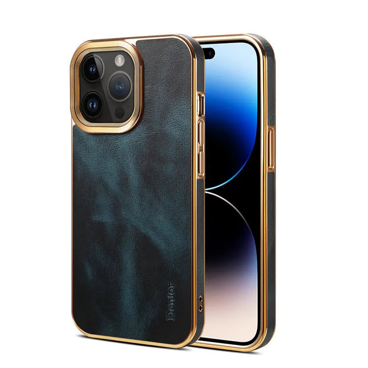 Handmade leather iPhone case in vintage oil wax leather with slim profile and 360-degree protection