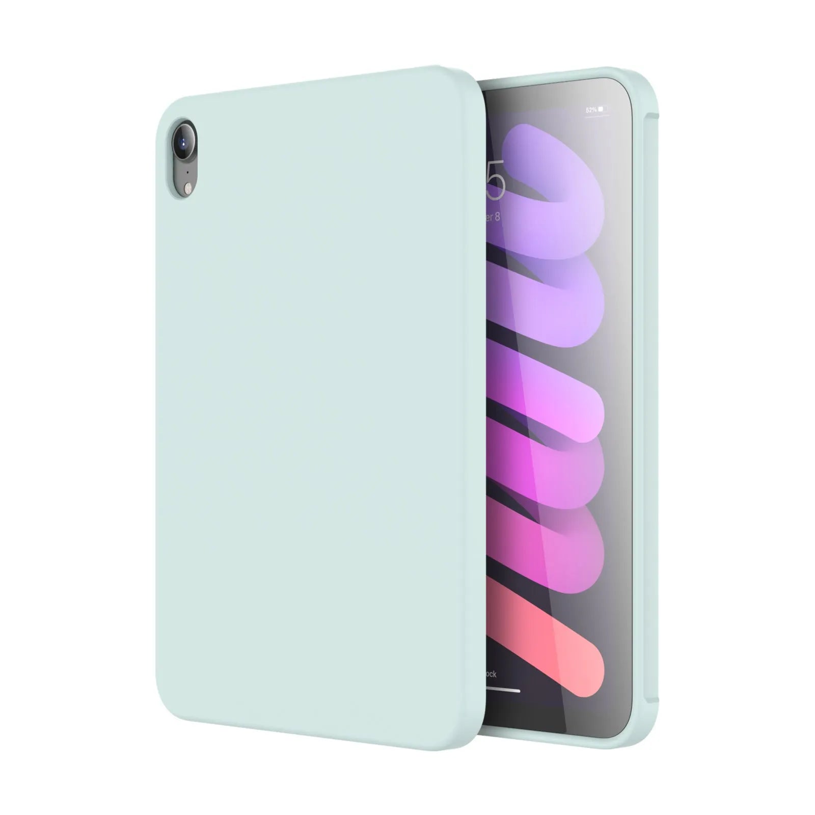 A solid-colour liquid silicone back cover case for an iPad, shown in a selection of seven different colours.