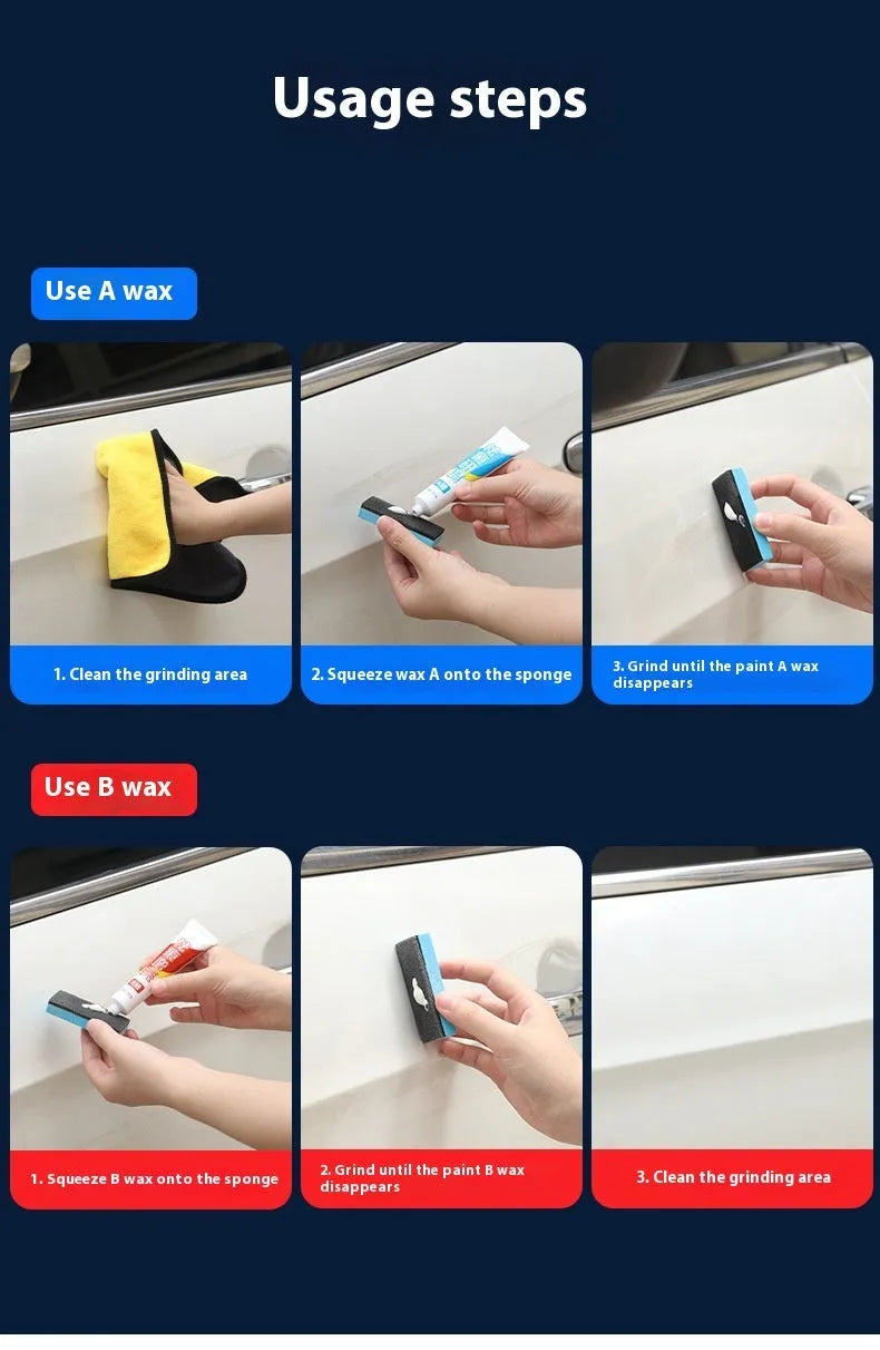 Car repair wax kit with Scratch Removal A Wax, Brightening B Wax, and a frosted sponge mop for paint restoration.