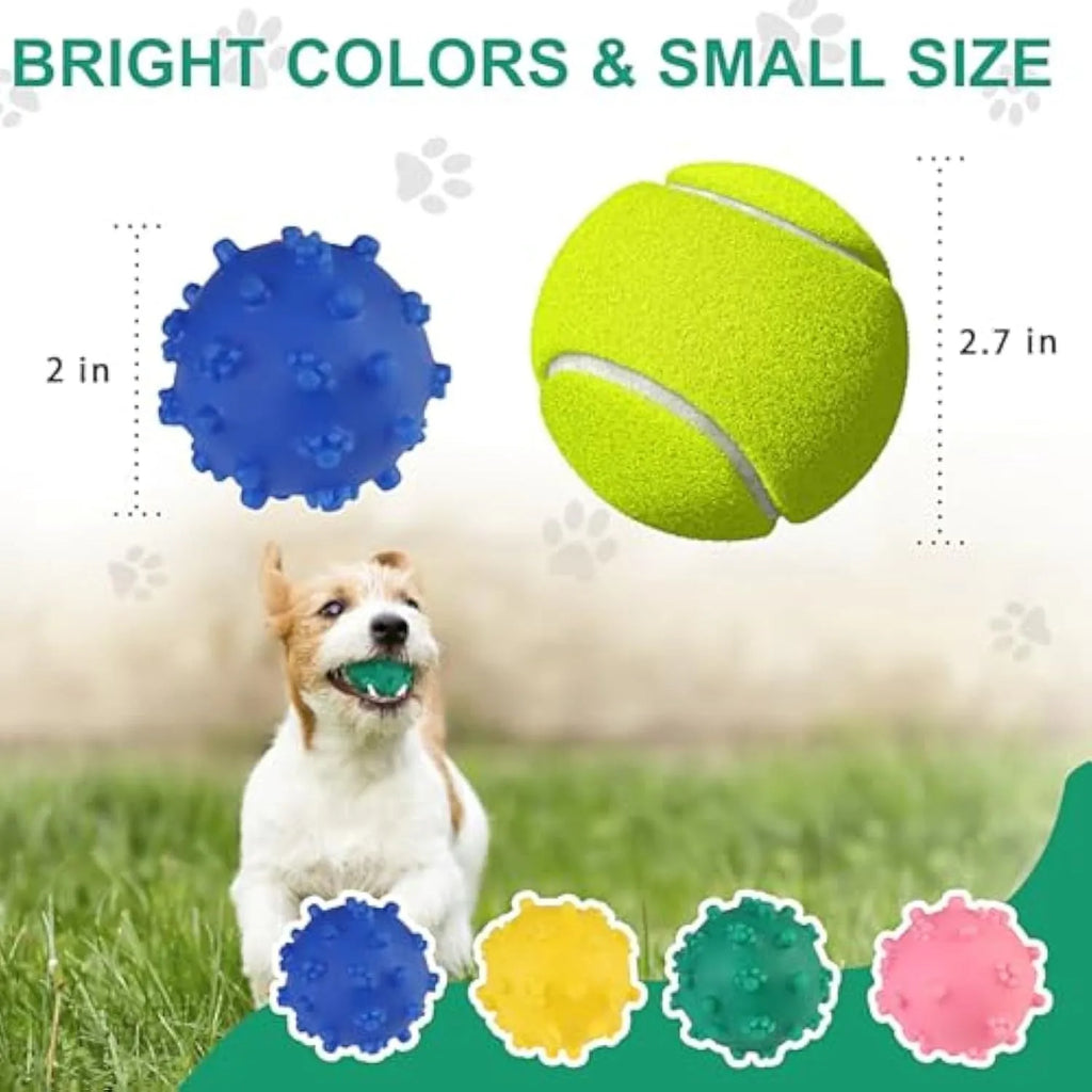Blue, green, pink, and yellow squeaky dog balls with a spiky texture and paw print dimples.
