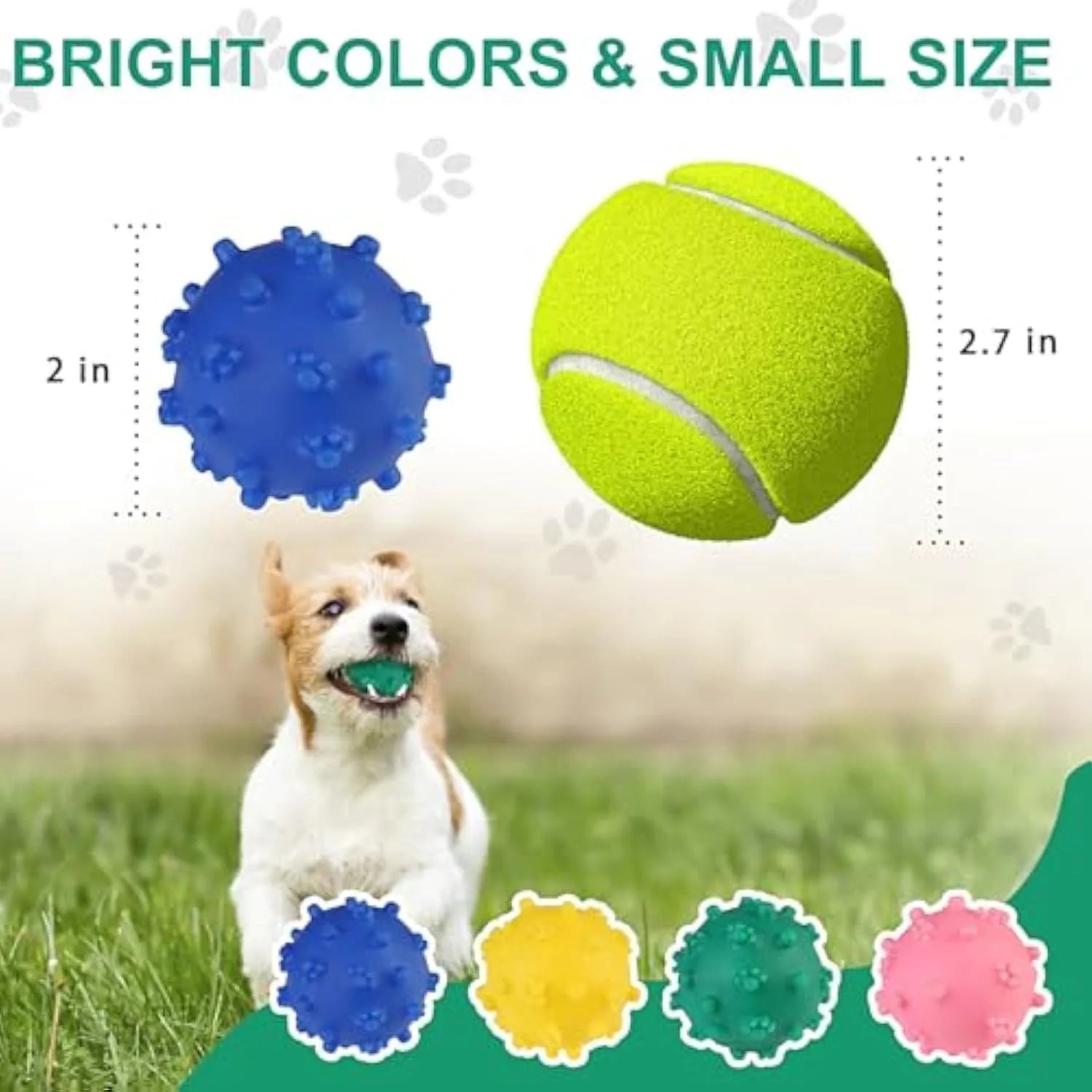 Blue, green, pink, and yellow squeaky dog balls with a spiky texture and paw print dimples.