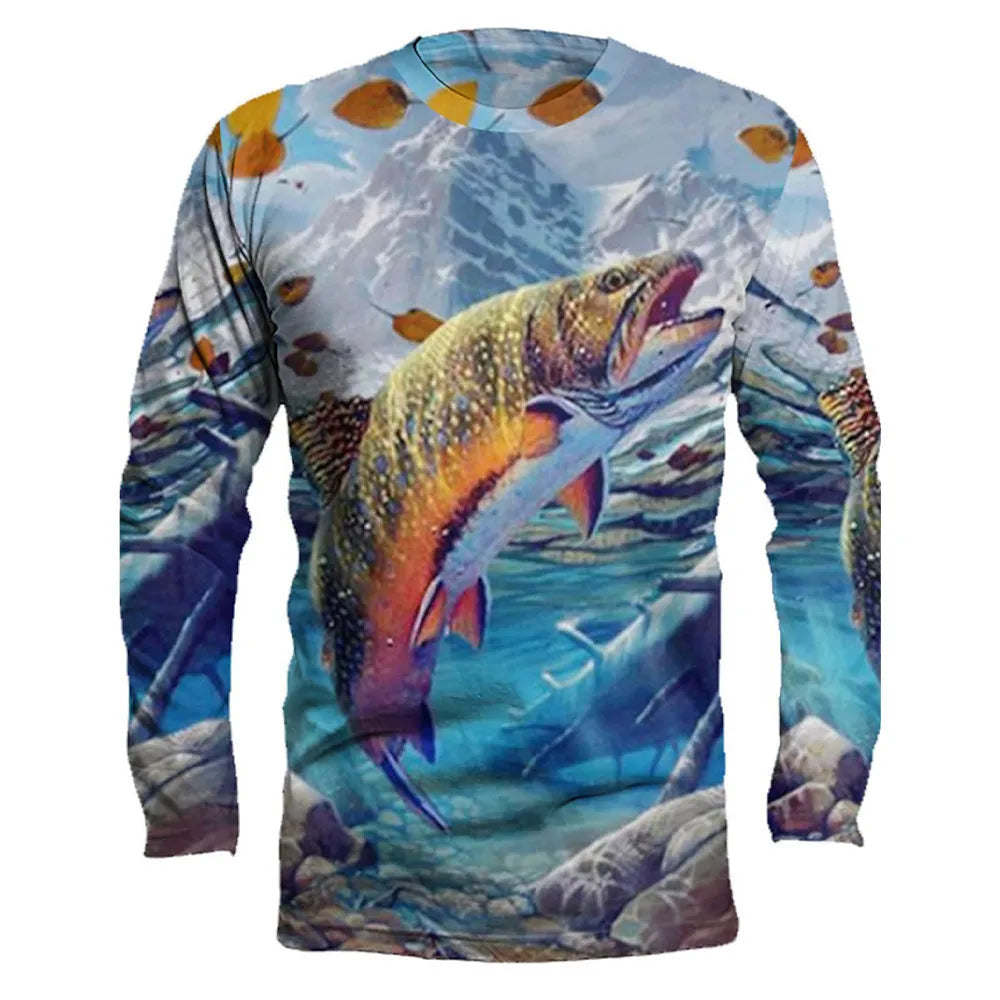 Man wearing a long-sleeved grey pullover with a detailed multi-coloured fish print design on the front.