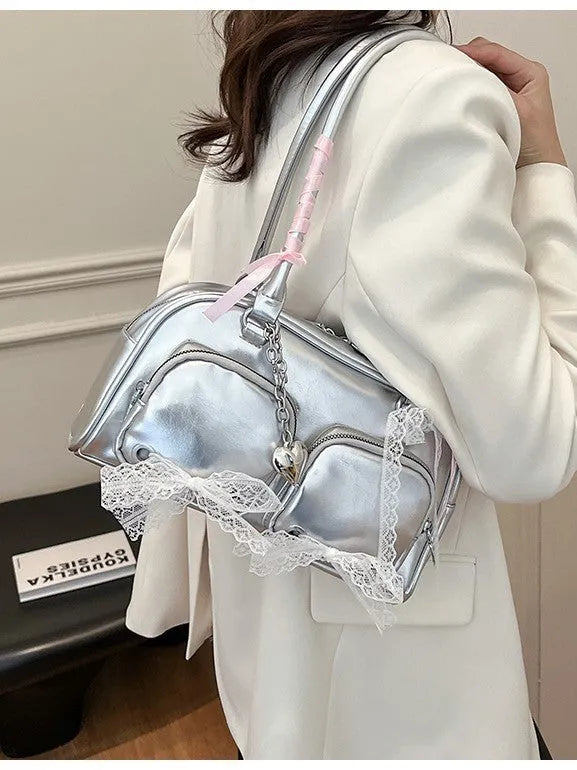 Soft PU horizontal shoulder bag in beige with double straps and interior phone pocket