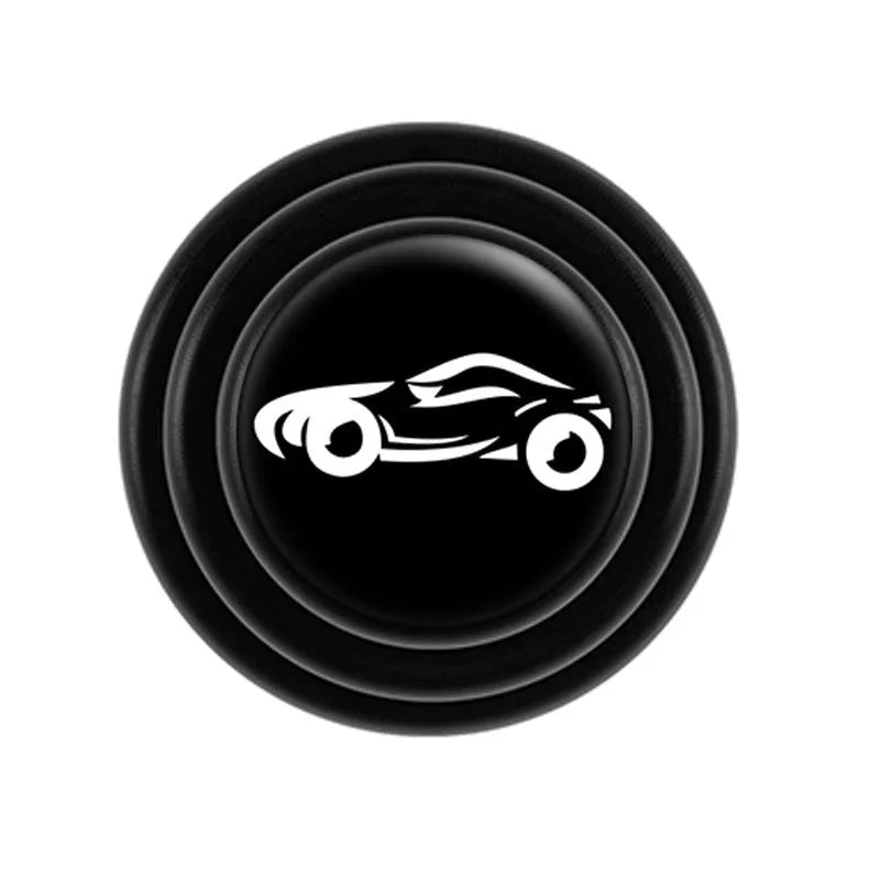 Set of four round, 20mm diameter silicone car door shock pads in black and luminous colours on a car door edge.