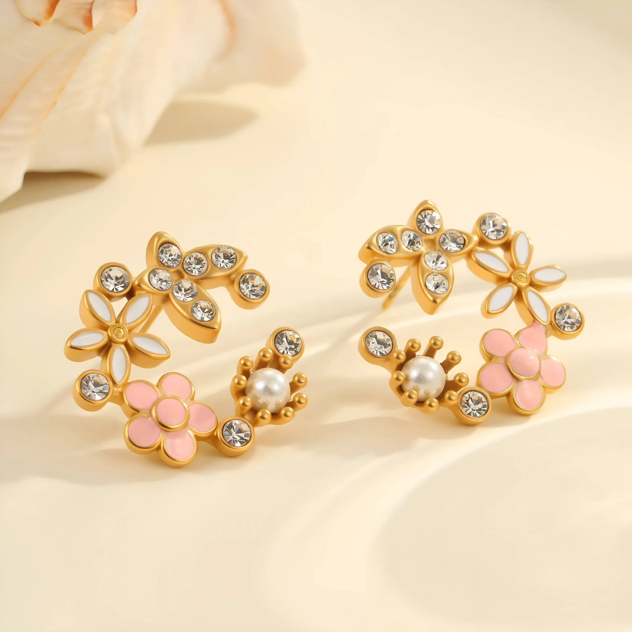 Stainless steel flower stud earrings with 18K gold electroplating and colourful petal design