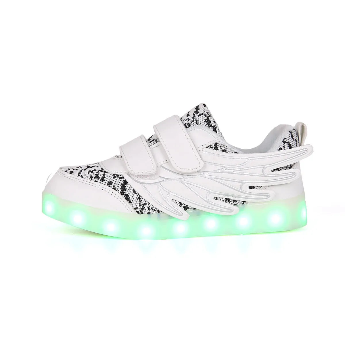 Child wearing plum red USB-rechargeable LED light up sneakers with colourful flashing lights.