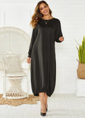 Loose fit lace-up crew neck lantern dress in black with Japanese Korean casual style