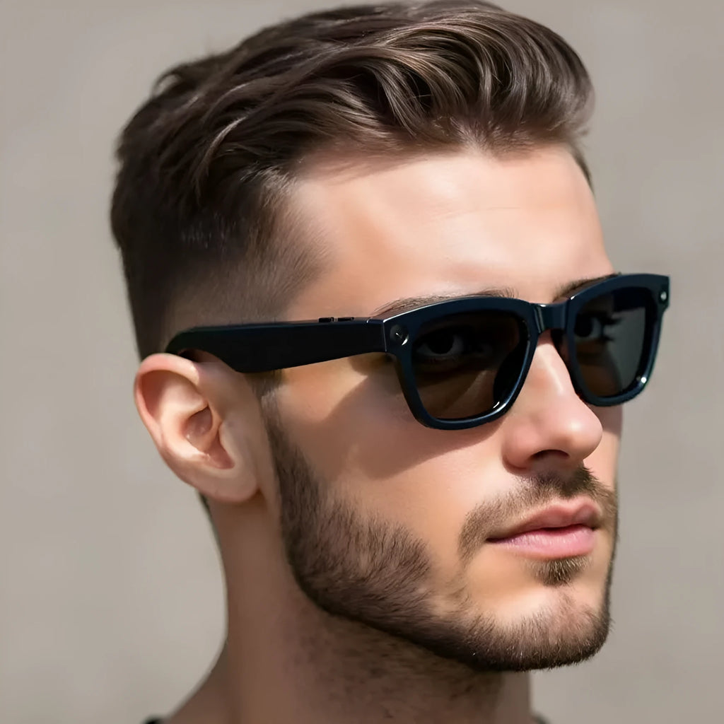 M01 AI translation video glasses with black and transparent lens options showing head-mounted design