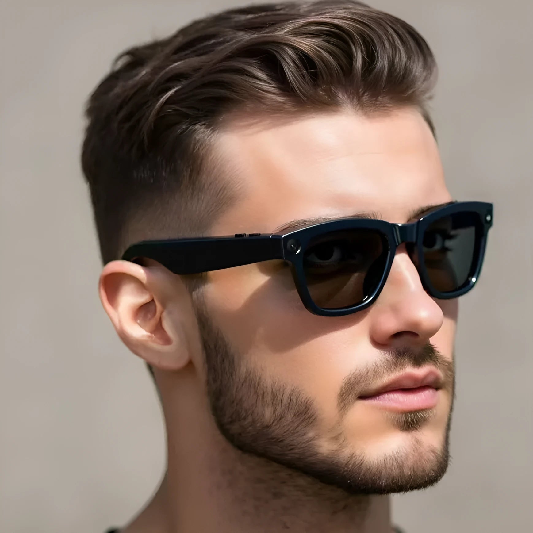 M01 AI translation video glasses with black and transparent lens options showing head-mounted design