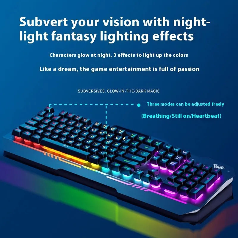 Metal gaming bundle showing mechanical keyboard with RGB lighting, matching mouse, and headset in black colour scheme