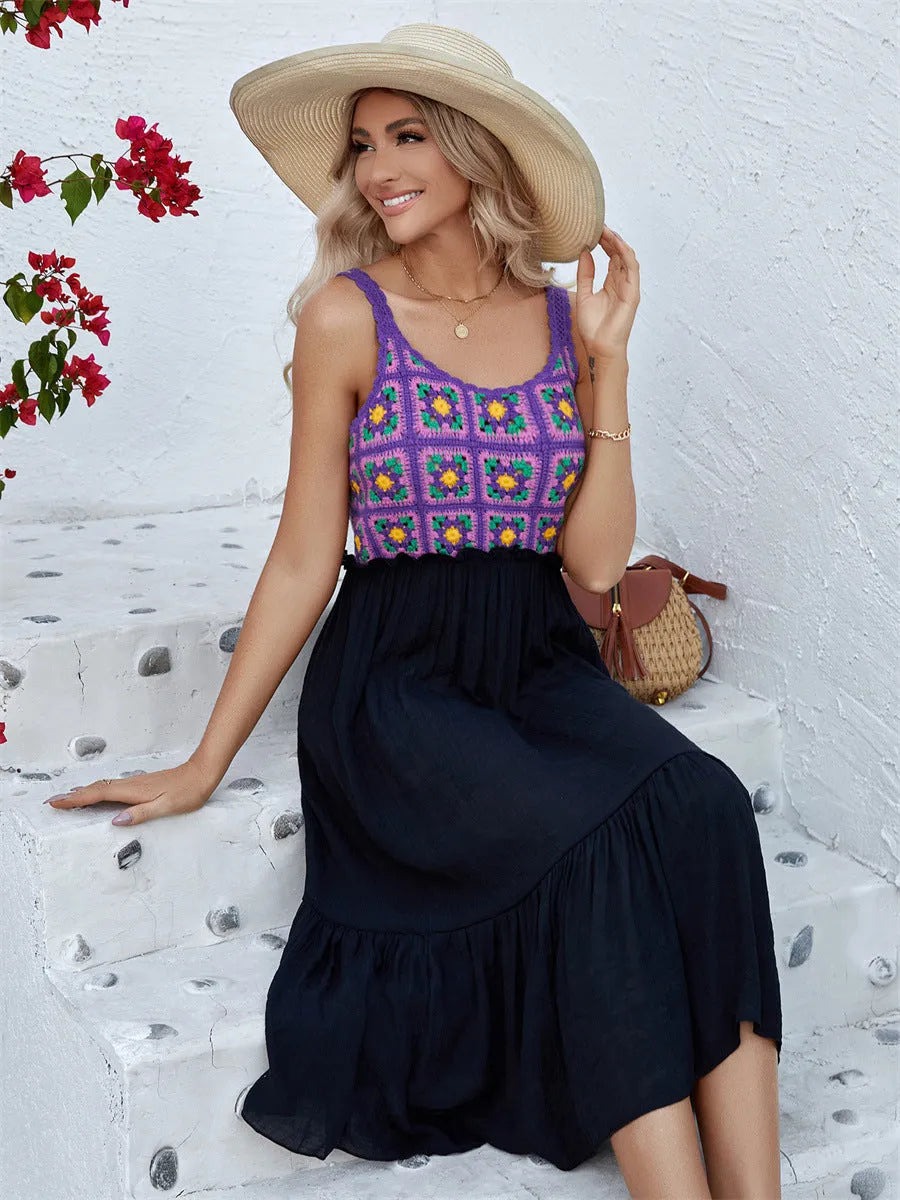 Purple sleeveless dress with detailed hand-hooked flower embroidery on cotton blend fabric.