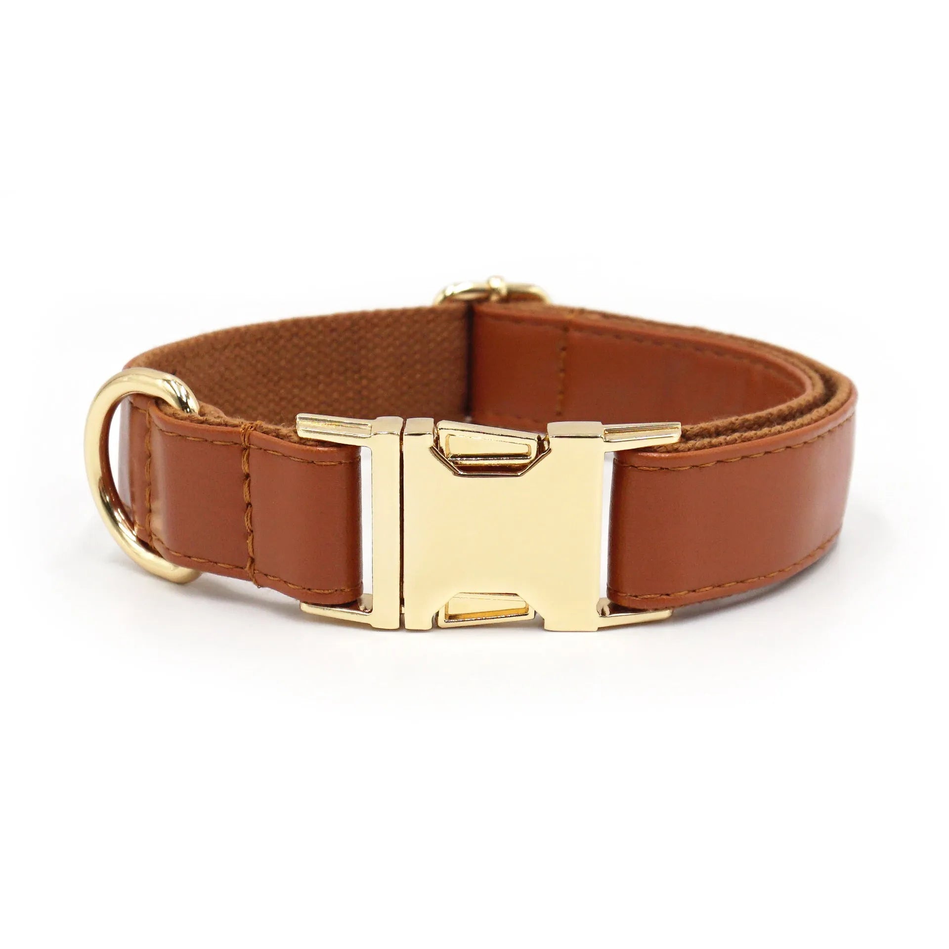 Leather dog collar with velvet colour block in caramel, showing metal buckle and D-ring