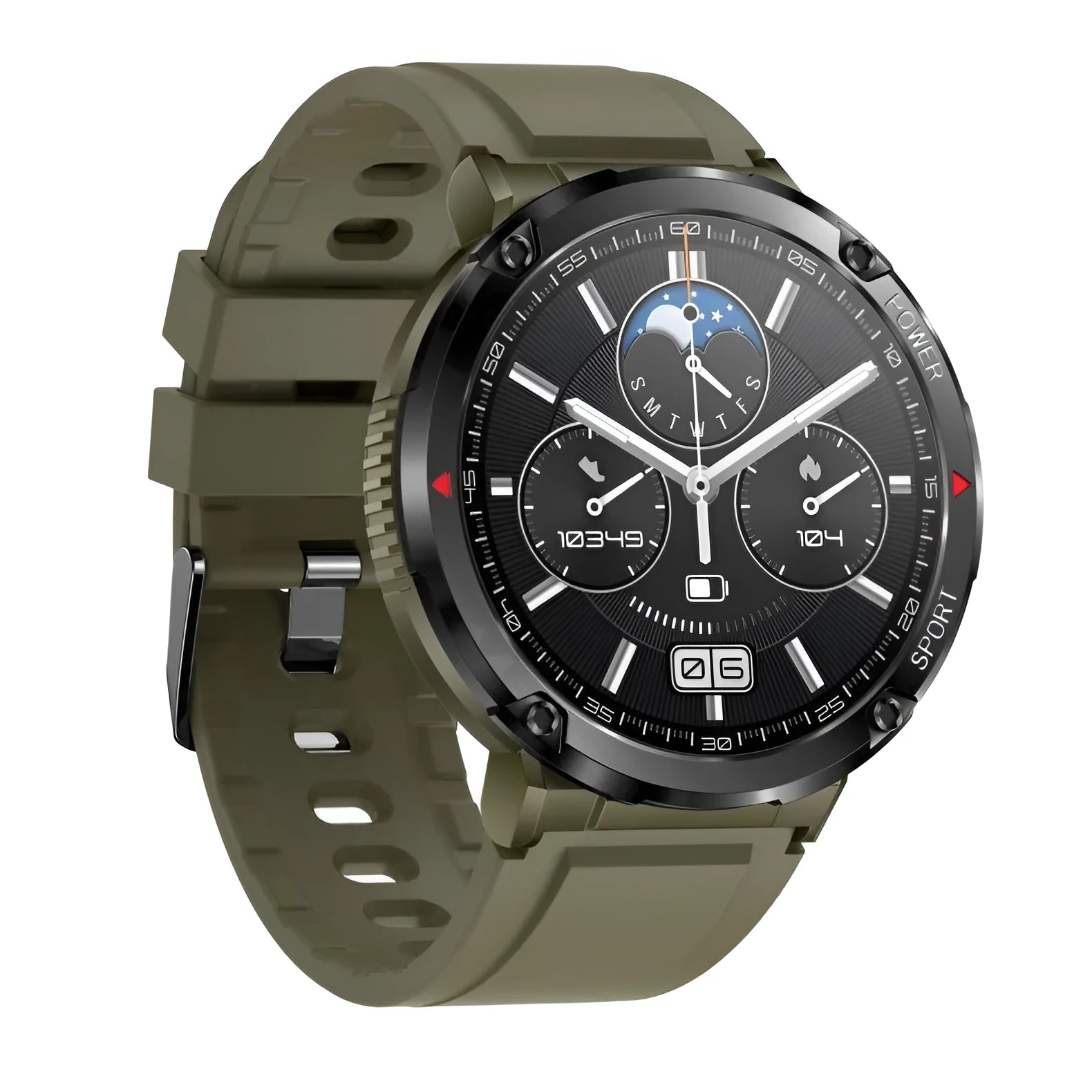T30 Smart Watch in black on wrist, showing 52mm IPS screen displaying time and heart rate.