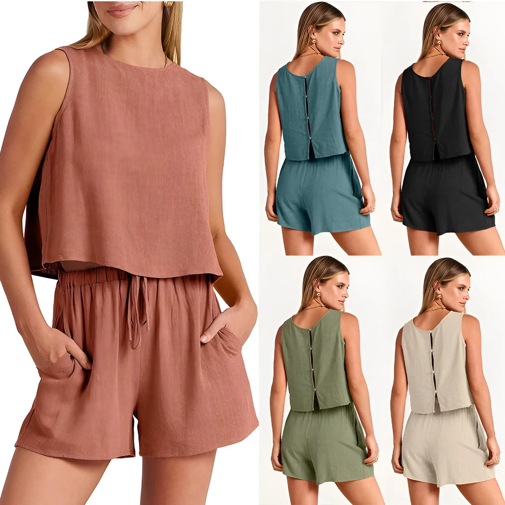 Women's two-piece summer outfit featuring a sleeveless top and drawstring shorts in a solid colour.