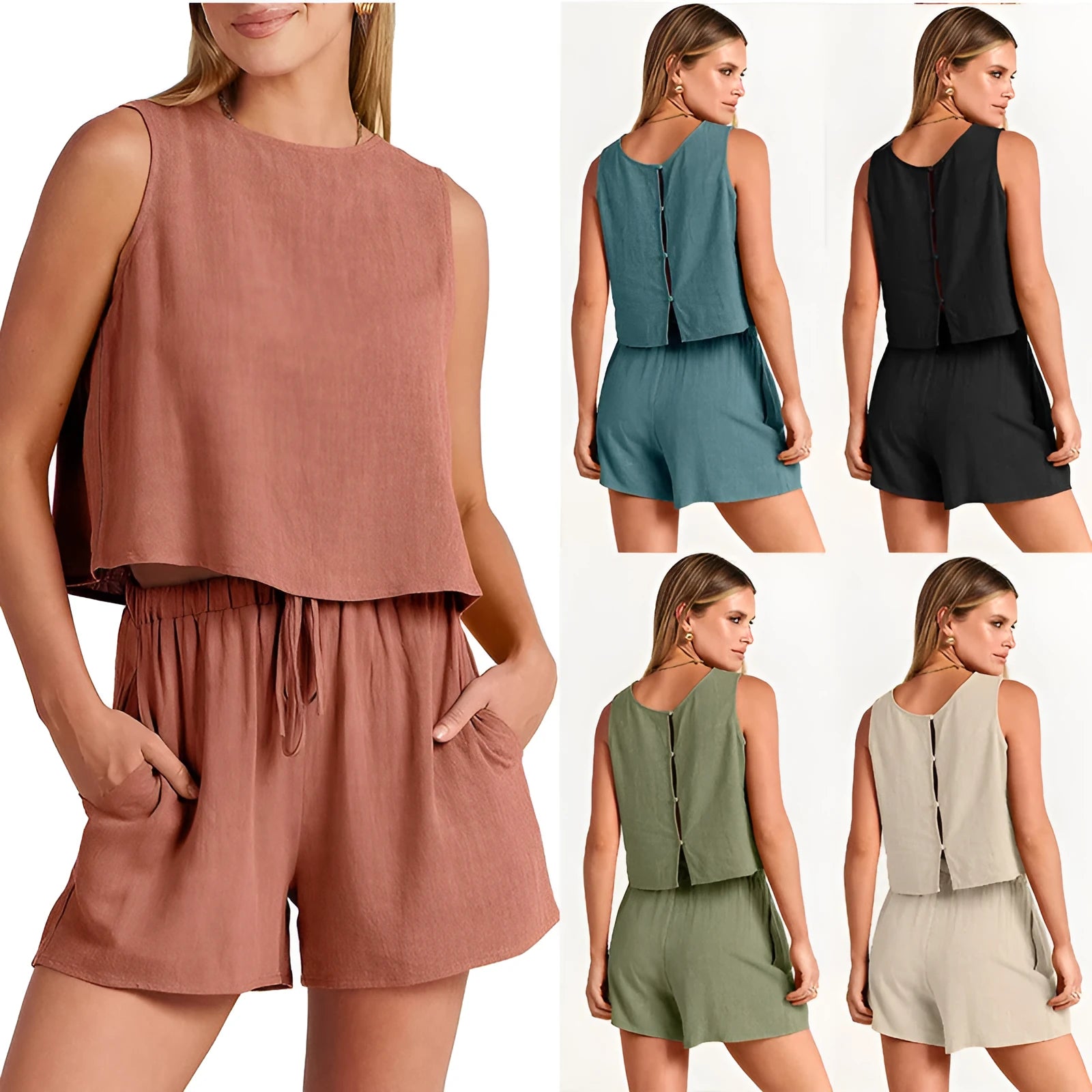 Women's two-piece summer outfit featuring a sleeveless top and drawstring shorts in a solid colour.