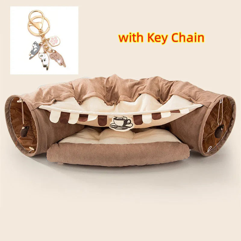 Collapsible cloth cat tunnel toy shown in one of four colours: Bar, Coffee, Matcha, or Pink.