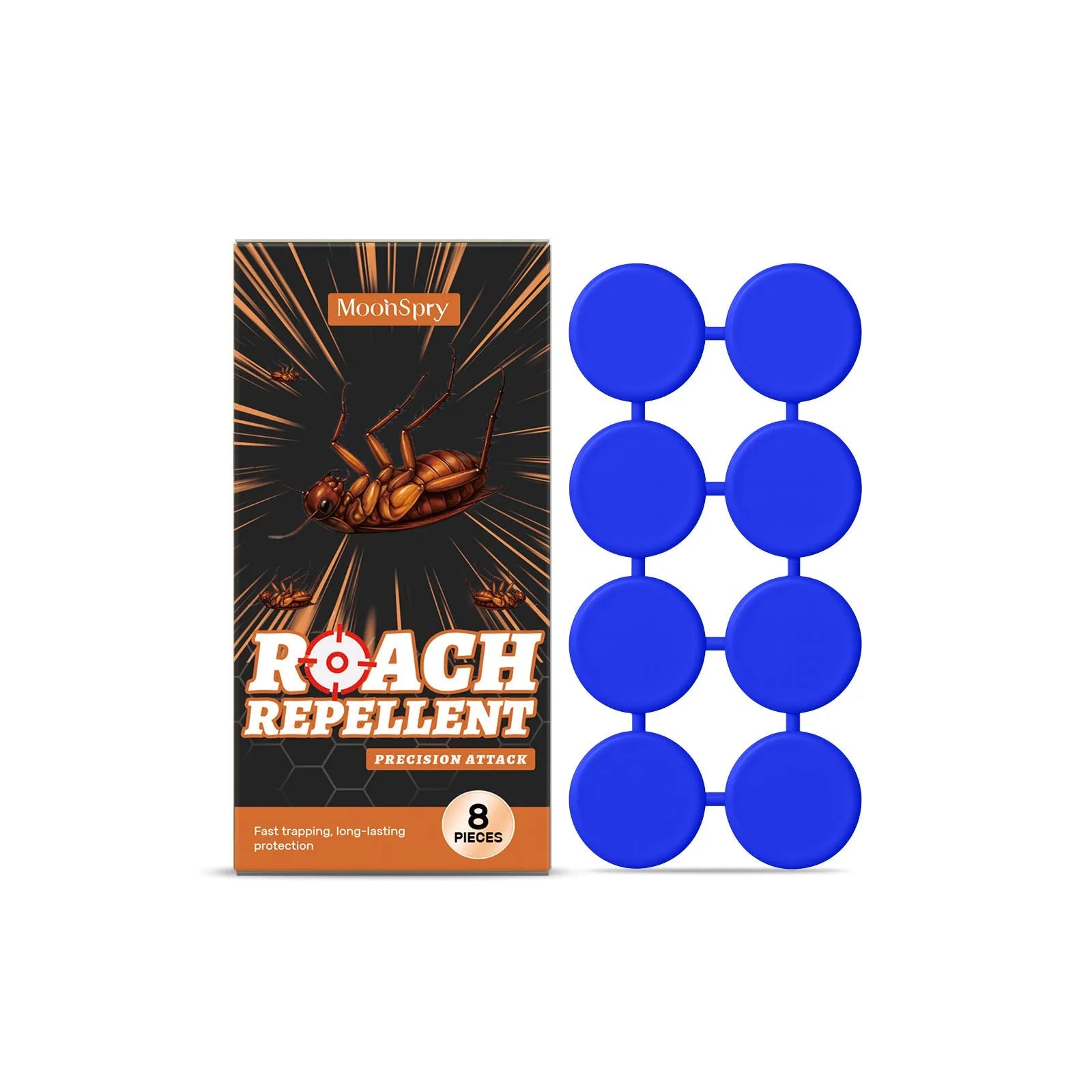 Cockroach killer bait sticker kit containing eight pre-baited glue traps for indoor kitchen pest control