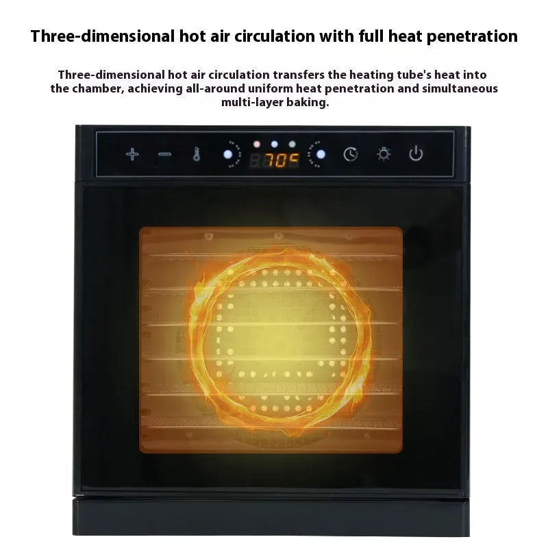Stainless steel food dehydrator with digital LED panel and multiple stacking trays.