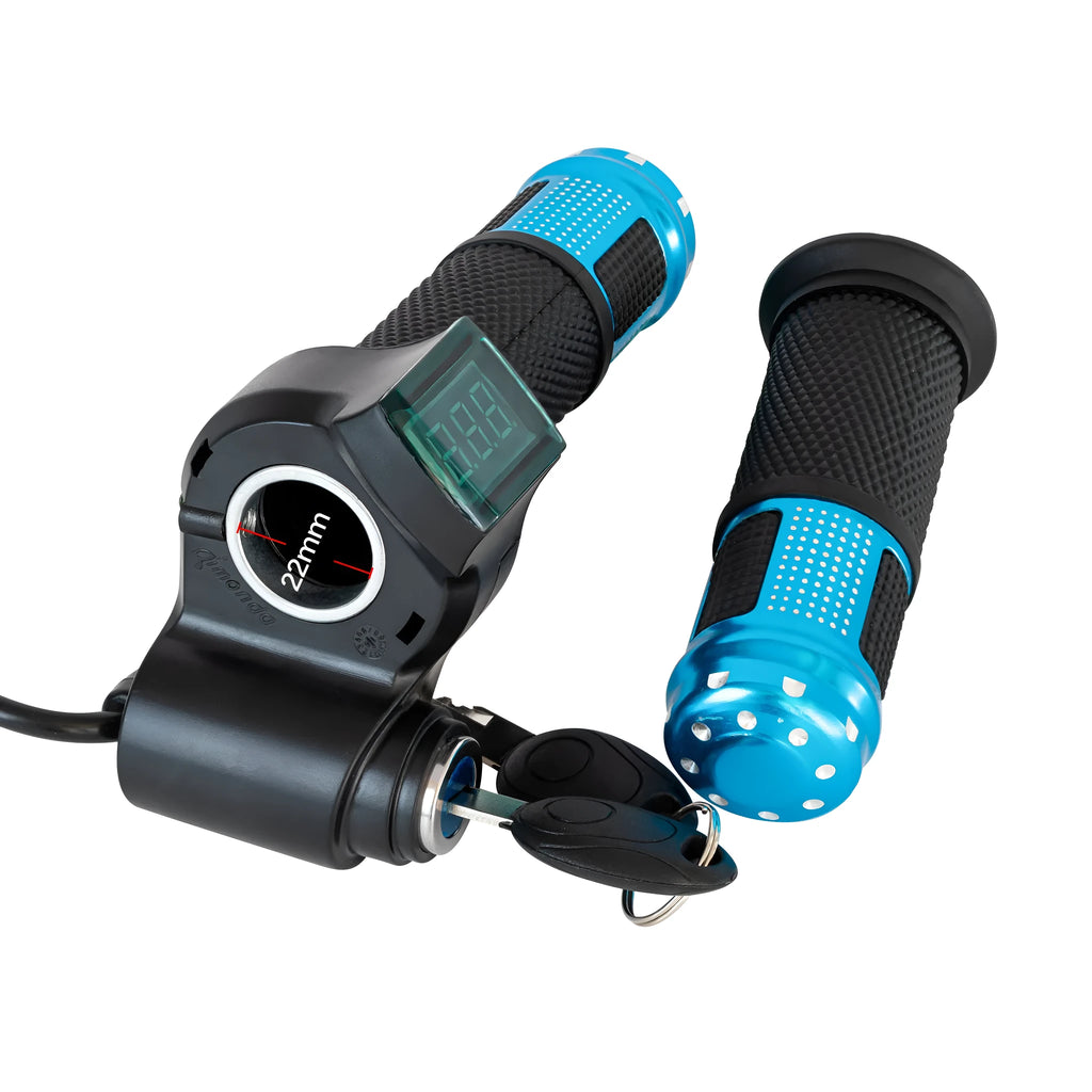 Electric vehicle handlebar control section in blue, red, silver, or yellow colours showing 5-core wiring connection