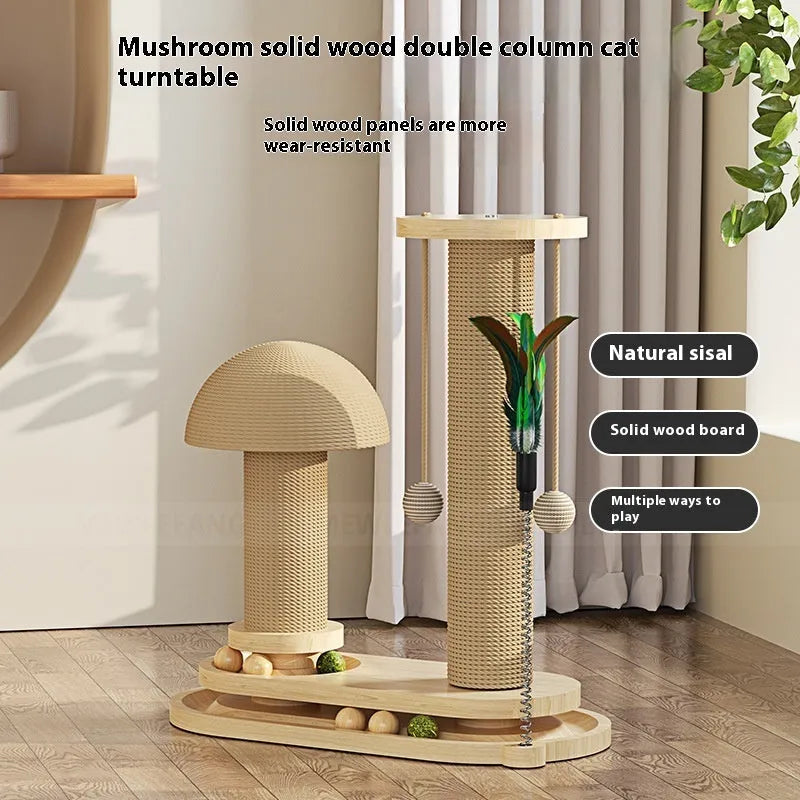 Solid wood cat climbing frame with a central rotating turntable scratching post
