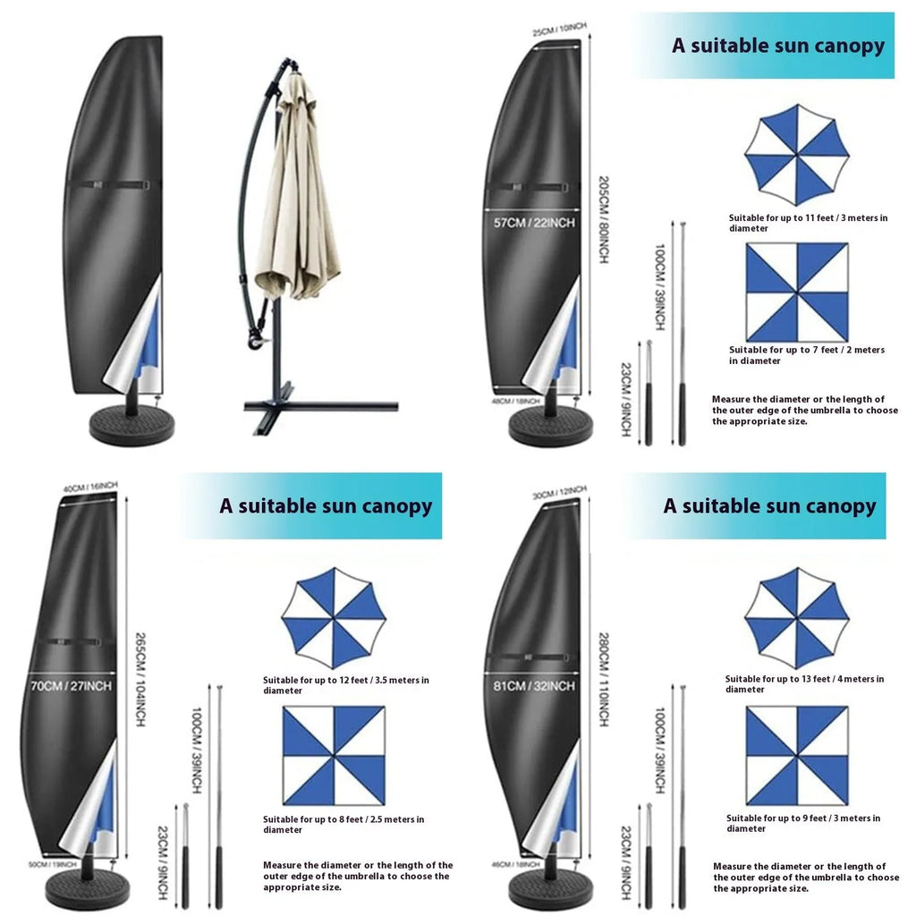 Black and grey Oxford cloth outdoor umbrella covers for patio furniture in various sizes.