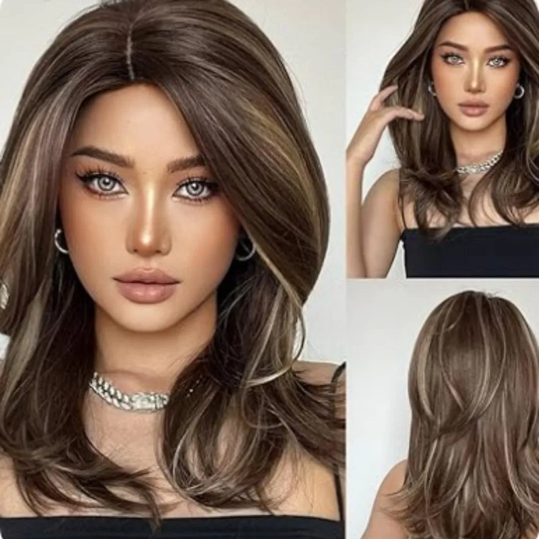 Mid-length platinum gradient colour synthetic wig with long curly hair and bangs