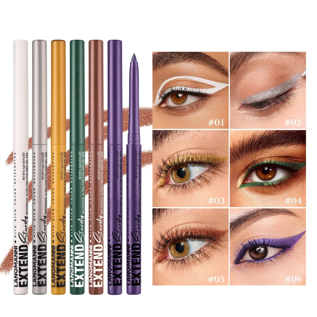 12 colourful gel eyeliner pencils showing matte glitter metallic and pearl finishes