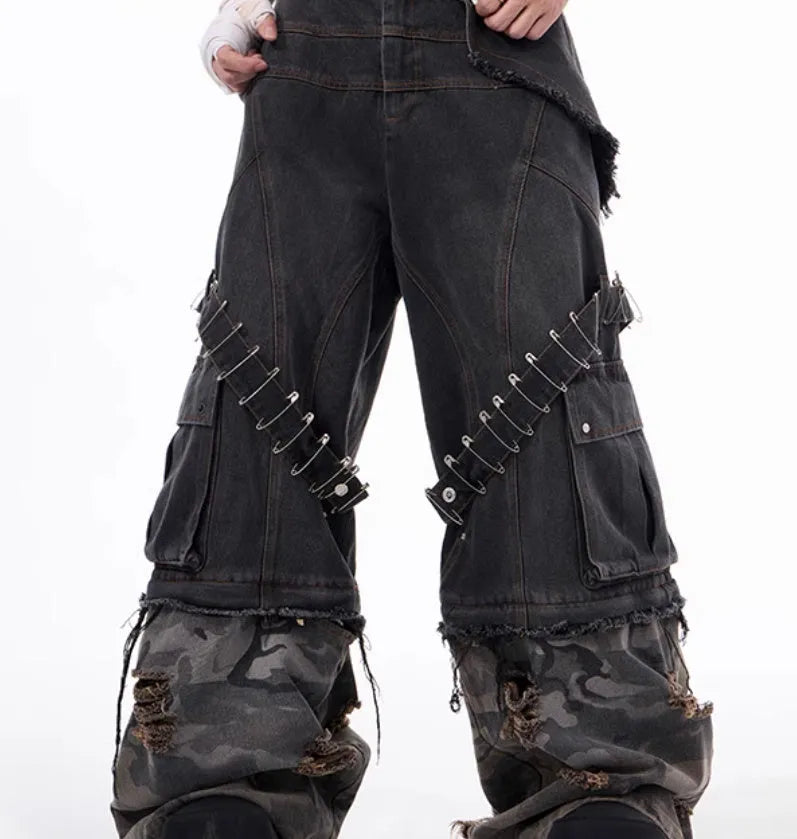 Men's grey camouflage splicing jeans with pin ribbon detailing on cotton denim fabric