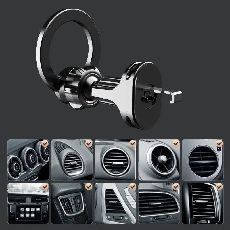Black magnetic car phone holder with O-ring bracket for vehicles