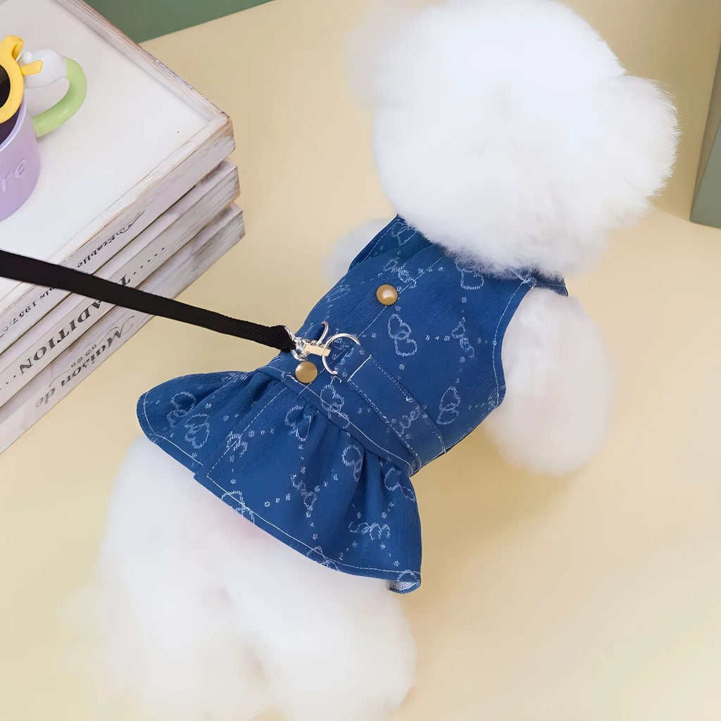 Small dog wearing denim princess dress with bracket skirt design for spring and autumn weather