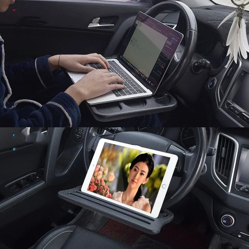 Black plastic car desk with computer workspace and integrated plate storage compartments