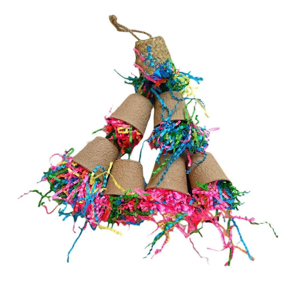 Parrot paper cup palm weaving gnawing toy hanging in cage with wood colour fibres
