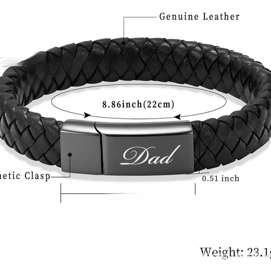 Black woven leather and stainless steel cinerary bracelet with engraving option on a gift box.